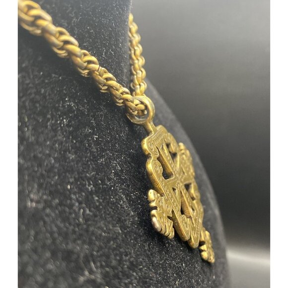 Vintage Ethiopian Coptic Cross Pendant Necklace Reversible Gold Tone 24" - Picture 7 of 9